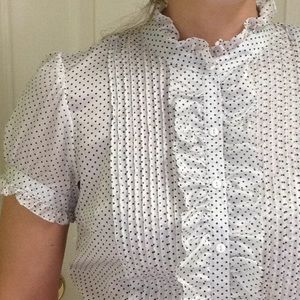 White and black polka dot silk / cotton blouse w ruffles